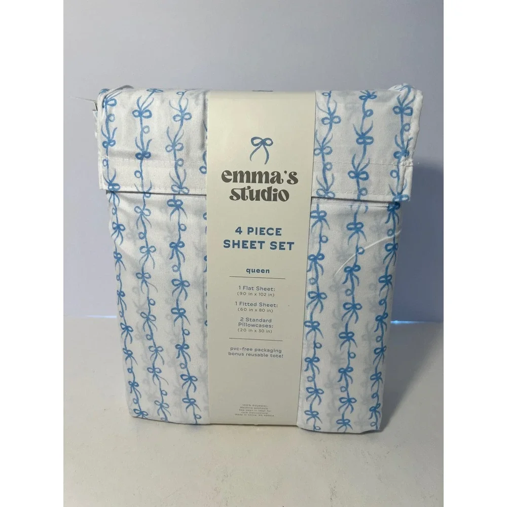 Emma's Studio Queen Sheet Set 4 Pc Blue Bows Extra Soft New Coquette Cottagecore